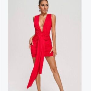 Red Deep-V Tie-Front Mini Dress
